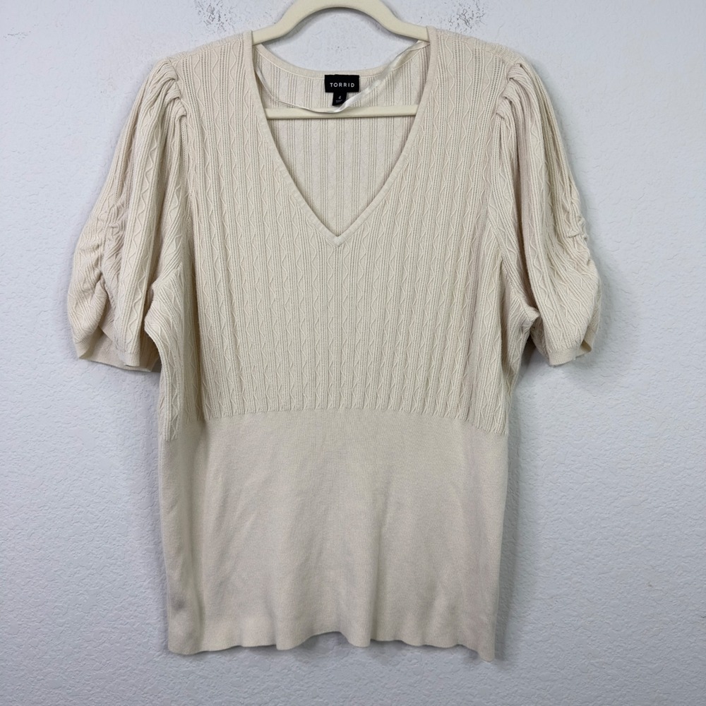 Torrid Sweater Women 4X Cream Cable Knit Puff Sleeve Romantic Minimalist Neutral